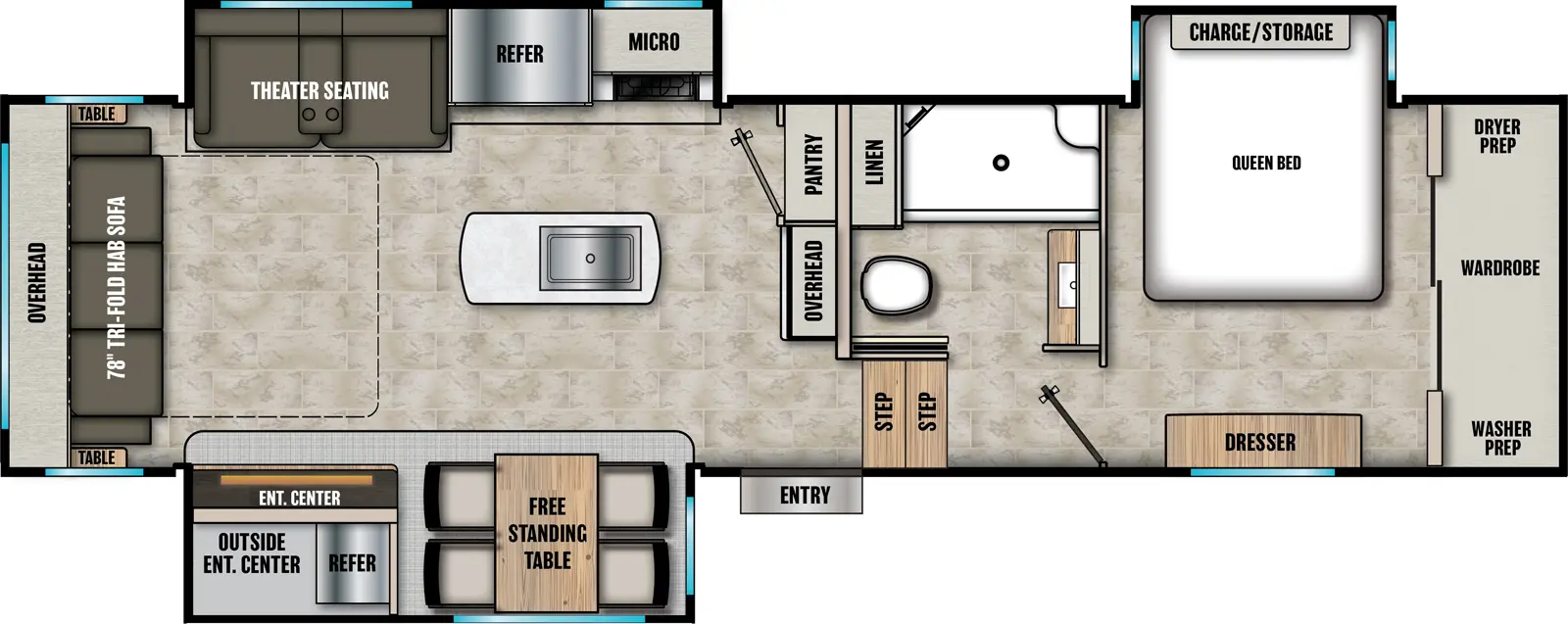 The Chaparral 298RLS floorplan has one entry and three slide outs. Exterior features include: fiberglass exterior, 15' awning,  outside entertainment and outside kitchen. Interiors features include: kitchen island, free-standing dinette option, front bedroom and rear living.